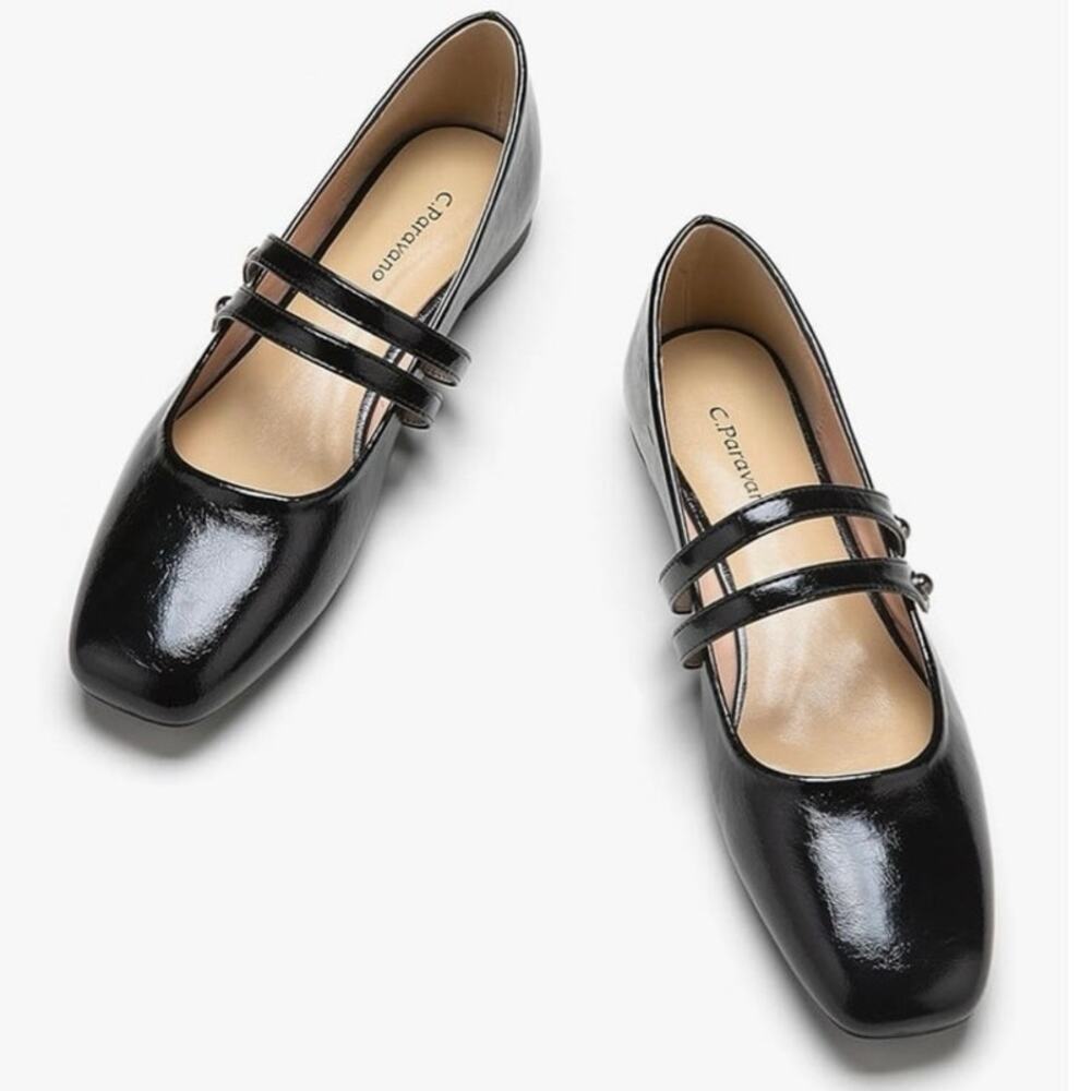 C. PARAVANO Women's 37.5 Double Strap Mary Jane Clara Patent Leather Ballet Flat